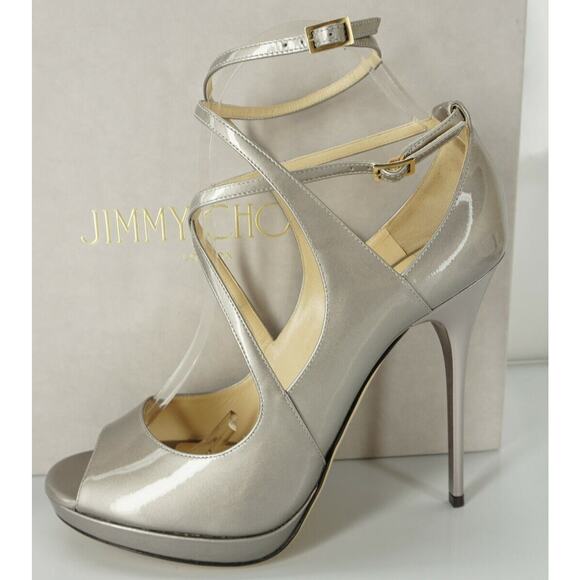 Jimmy Choo Beige Metallic Patent Atlas Strappy Platform Sandals - Picture 1 of 10